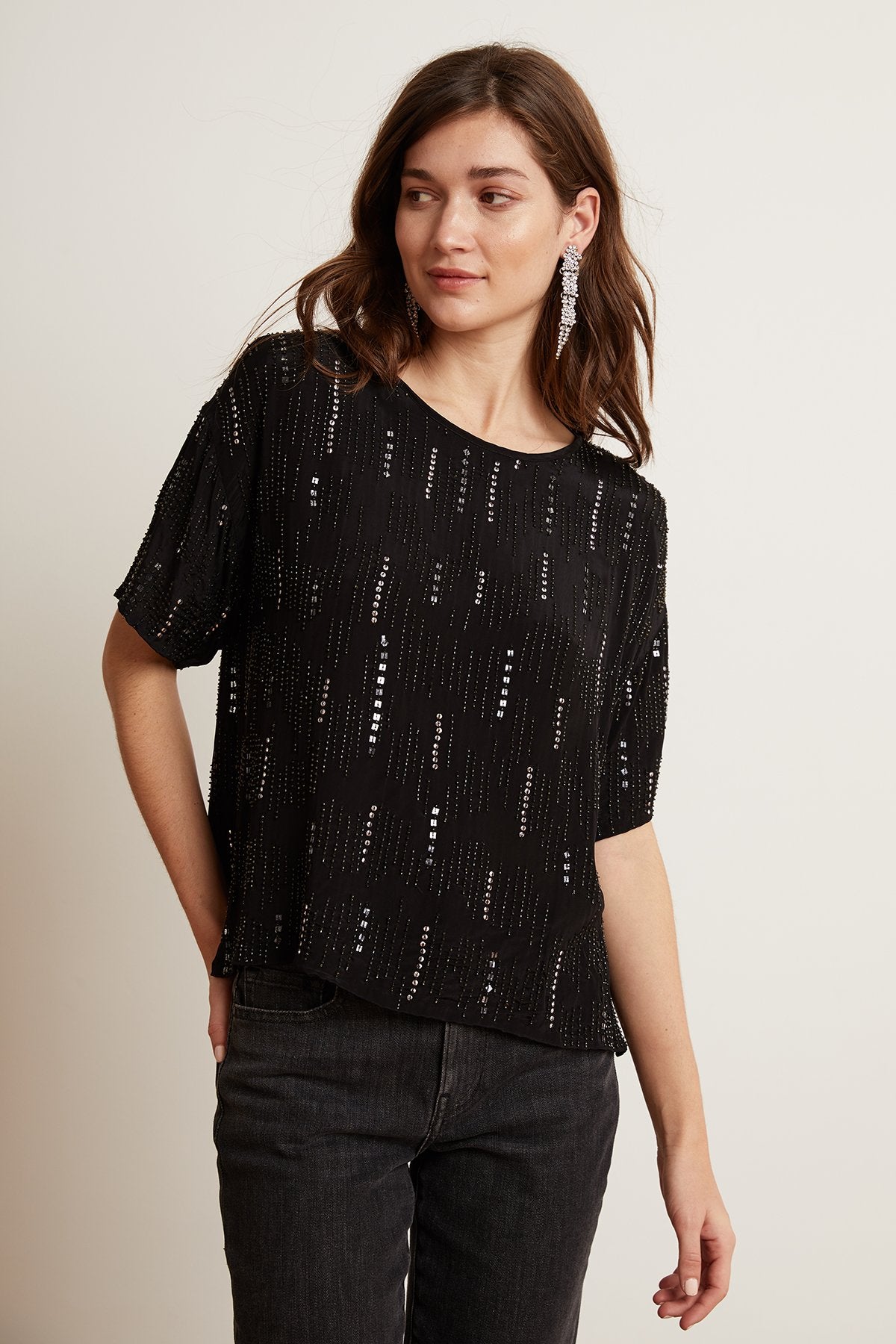 JONELLE BEADED VISCOSE SHORT SLEEVE TOP