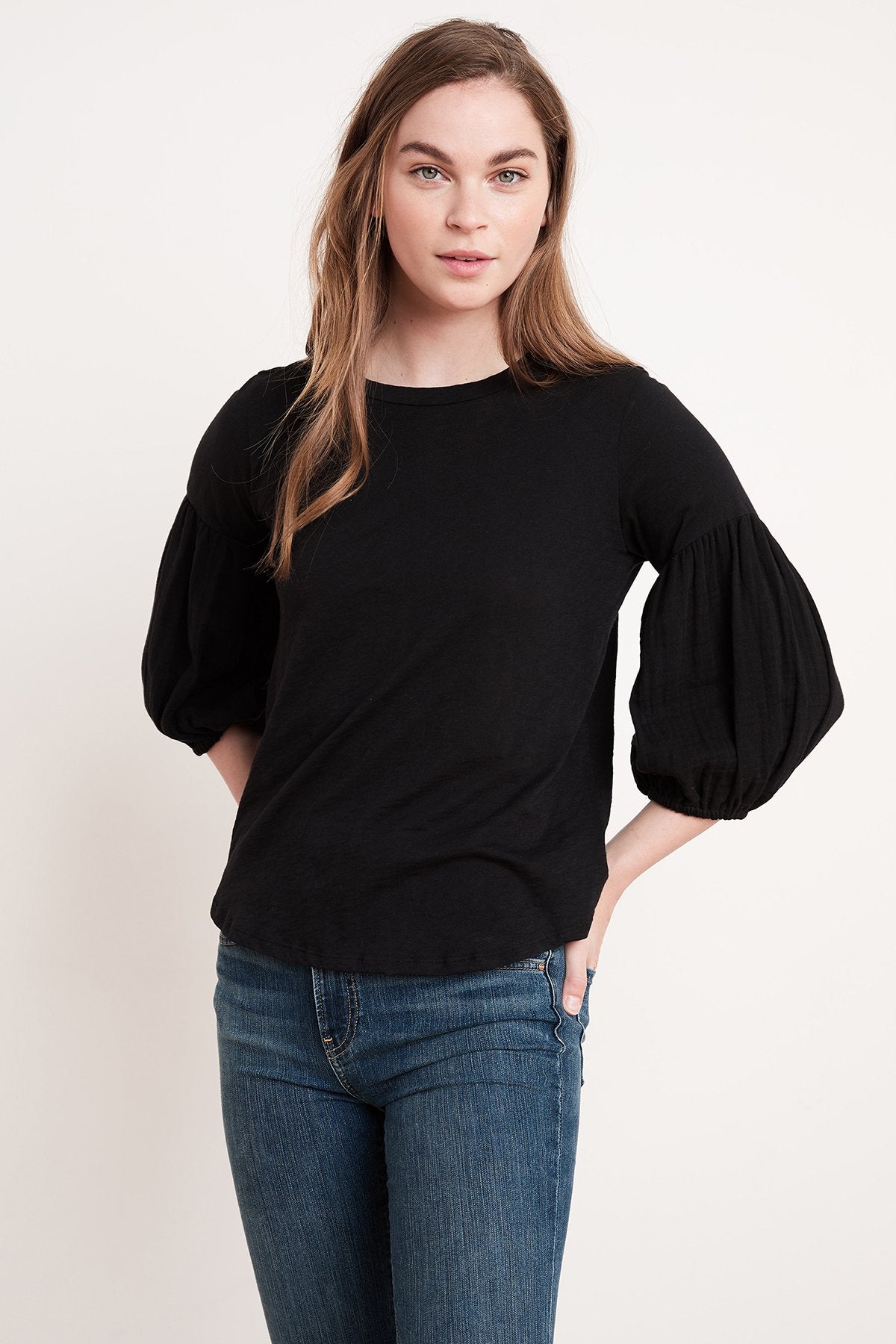 ALEXIA COTTON CONTRAST PUFF SLEEVE TEE