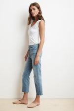 KAROLINA HI RISE STRAIGHT LEG CUT OFF JEANS SIDE