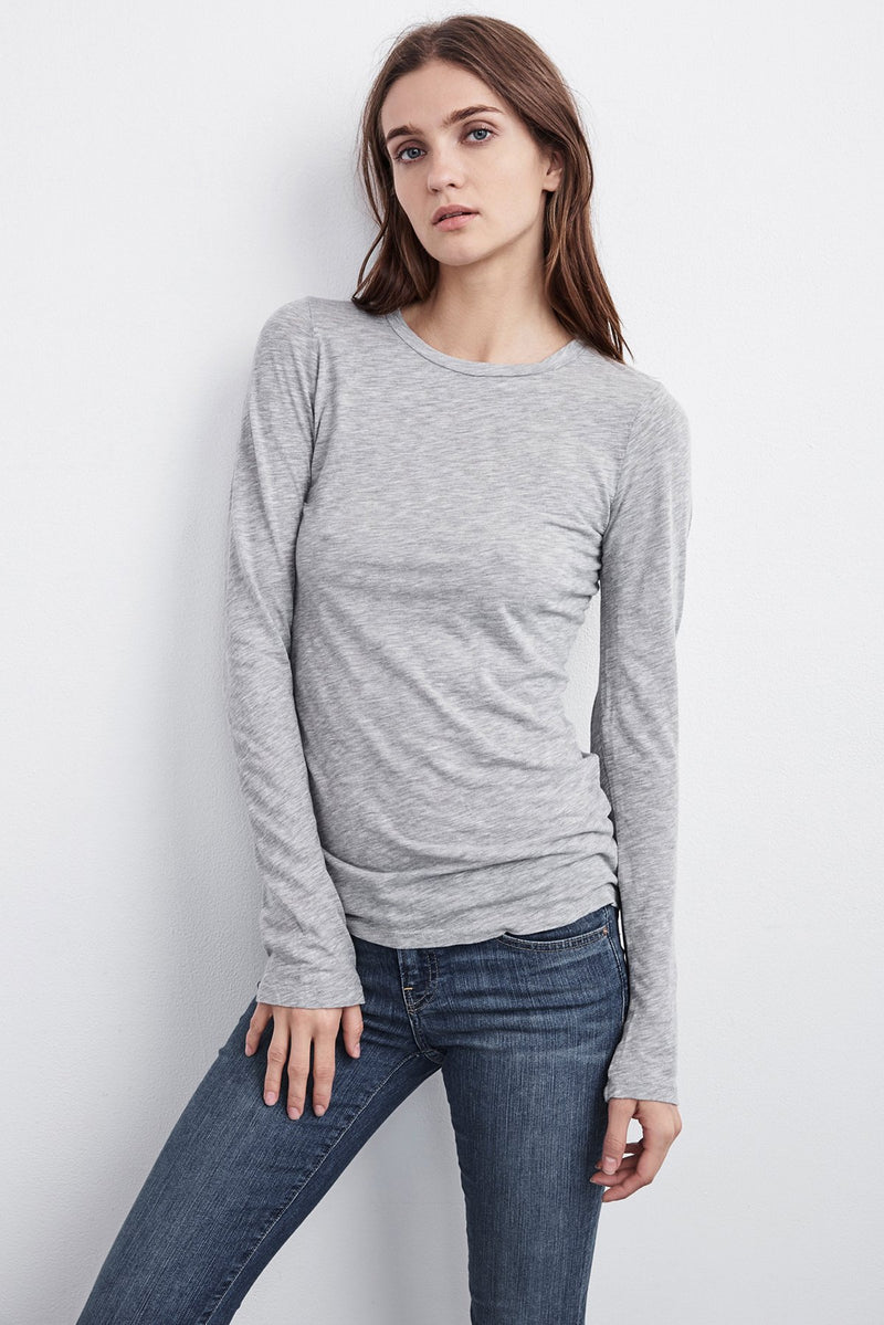 ZOFINA LIGHT HEATHER GAUZY WHISPER FITTED CREW NECK TEE