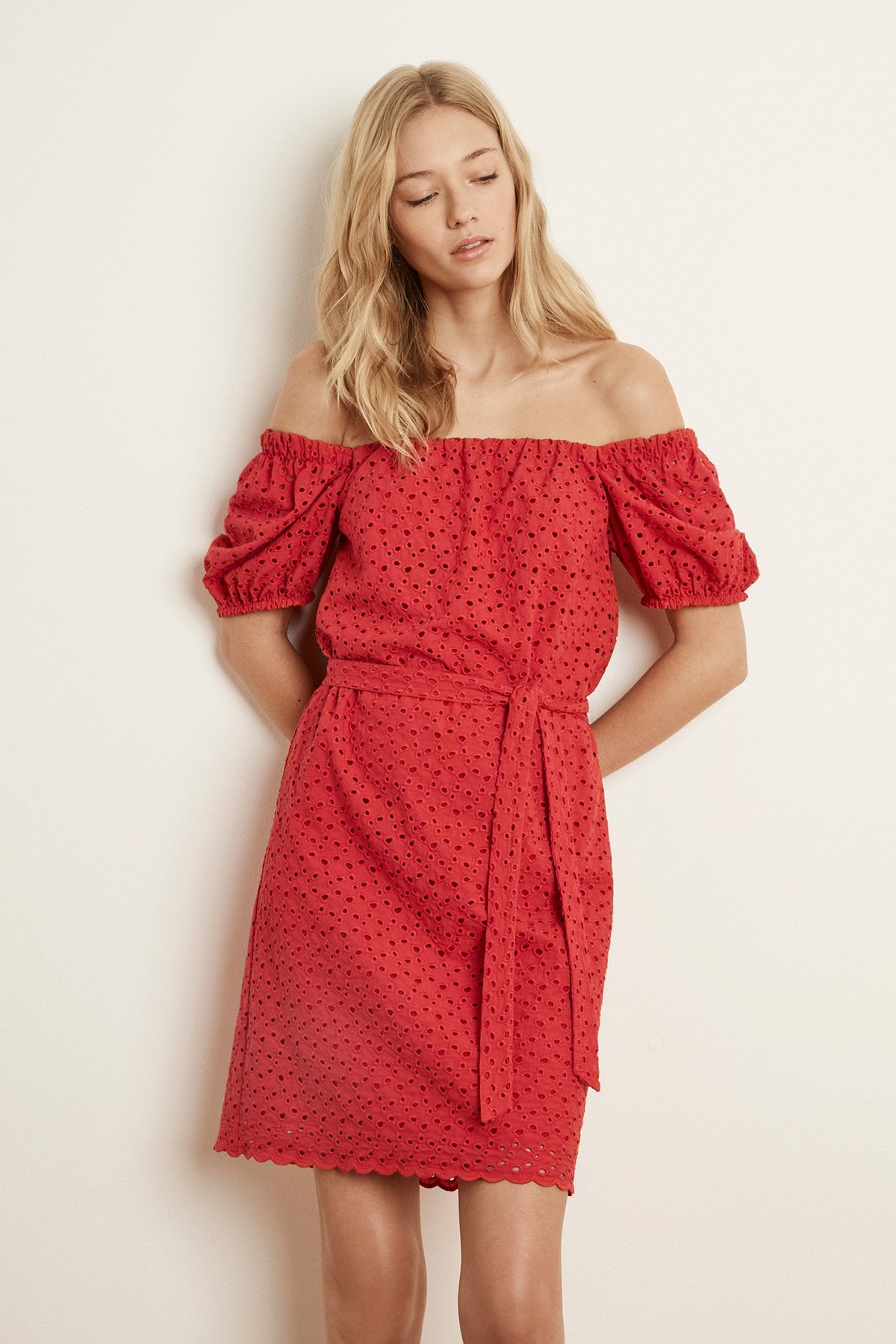 GABRIELLA COTTON EYELET OFF THE SHOULDER DRESS