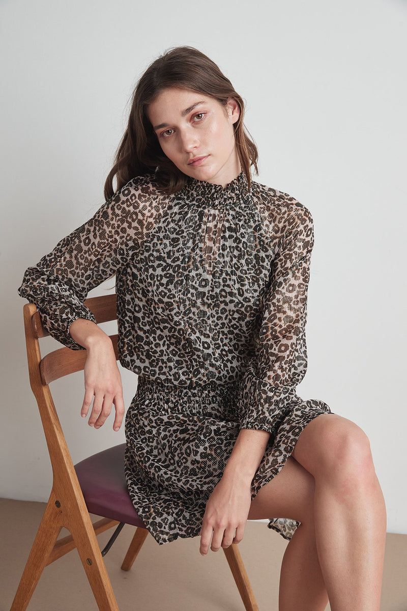 MAGDA LEOPARD LUREX SMOCKED DRESS