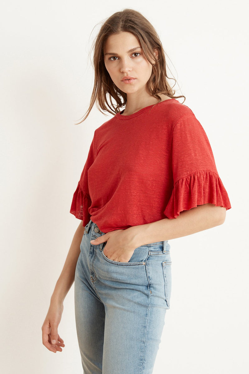 LAYLA LINEN KNIT RUFFLE SLEEVE TEE