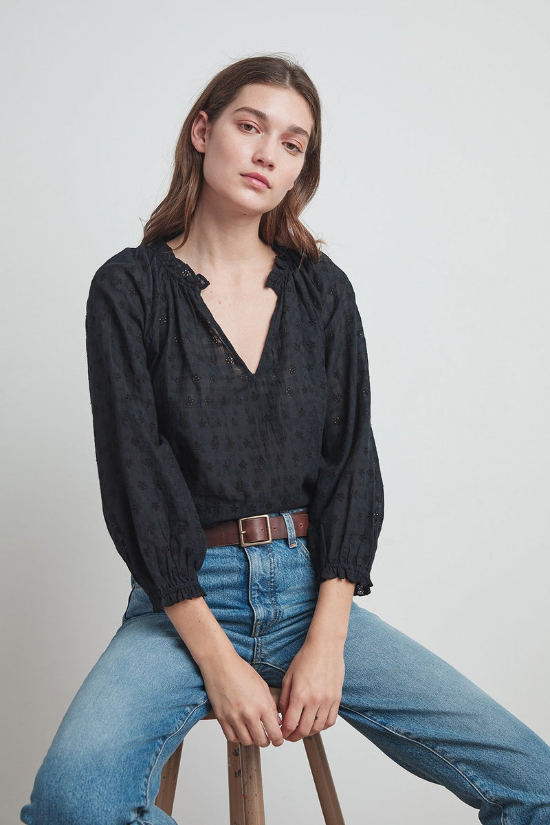 MATILDA POSITANO EYELET PEASANT BLOUSE