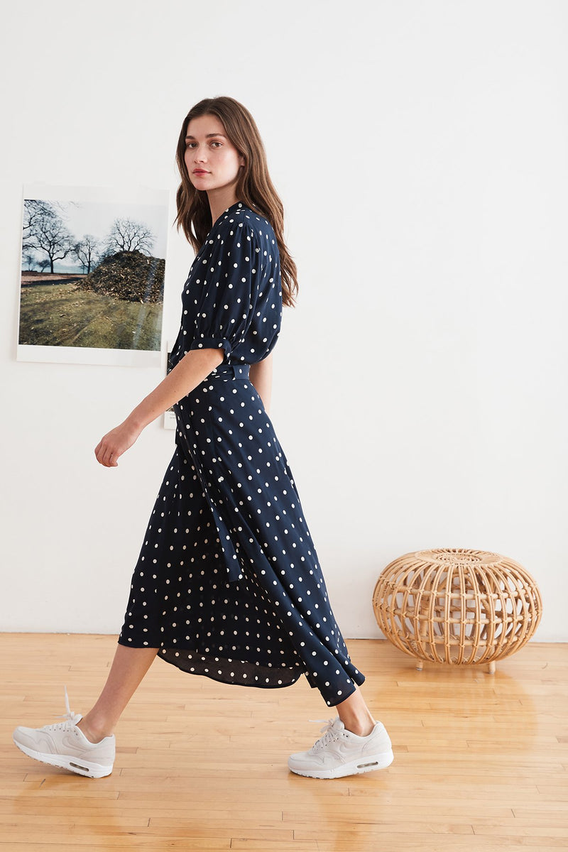 OLIVE CHALLIS POLKA DOT MIDI SKIRT