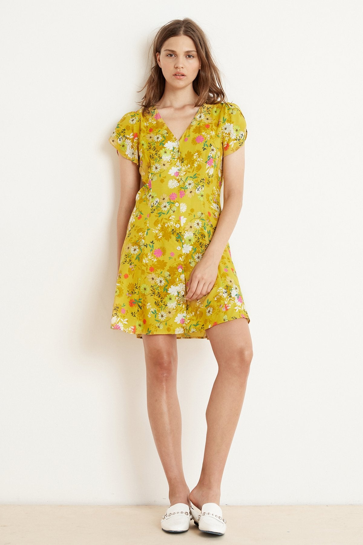 KIRSTAN FLORAL CHALLIS SHORT SLEEVE BUTTON-UP DRESS