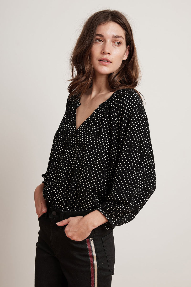 VALERIA POLKA DOT CHALLIS PEASANT TOP