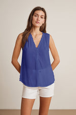 DION RAYON CHALLIS RUFFLE SLEEVELESS BLOUSE