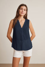 DION RAYON CHALLIS RUFFLE SLEEVELESS BLOUSE