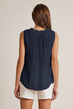 DION RAYON CHALLIS RUFFLE SLEEVELESS BLOUSE