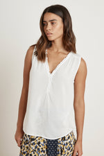 DION RAYON CHALLIS RUFFLE SLEEVELESS BLOUSE