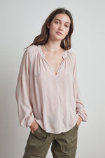 ELAINE RAYON CHALLIS LONG SLEEVE PEASANT TOP