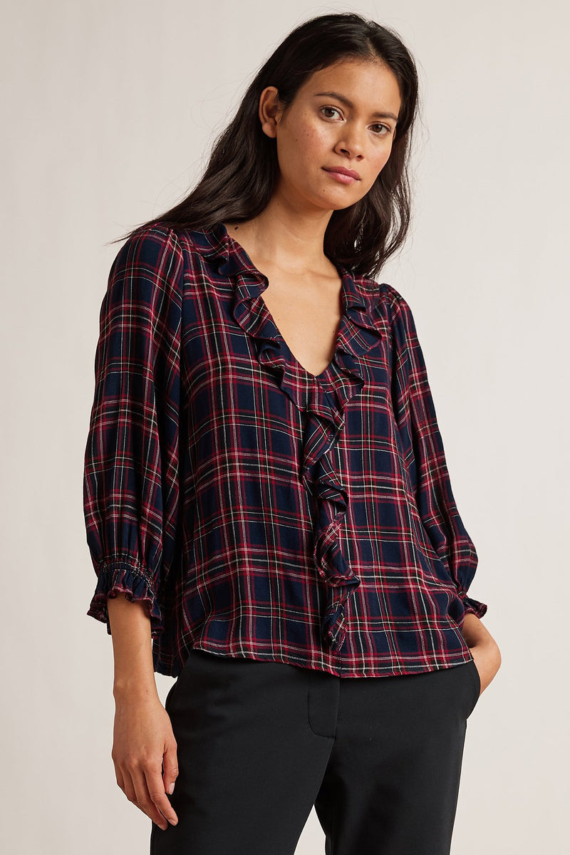 ADDISON PLAID 3/4 SLEEVE RUFFLE TOP