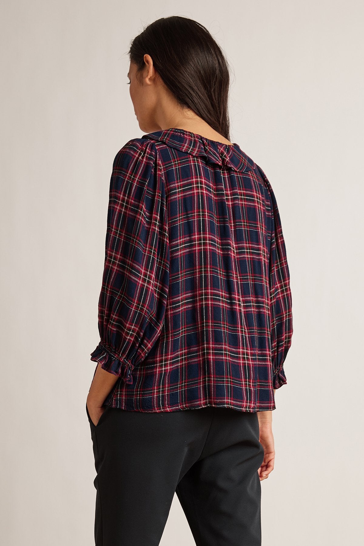 ADDISON PLAID 3/4 SLEEVE RUFFLE TOP