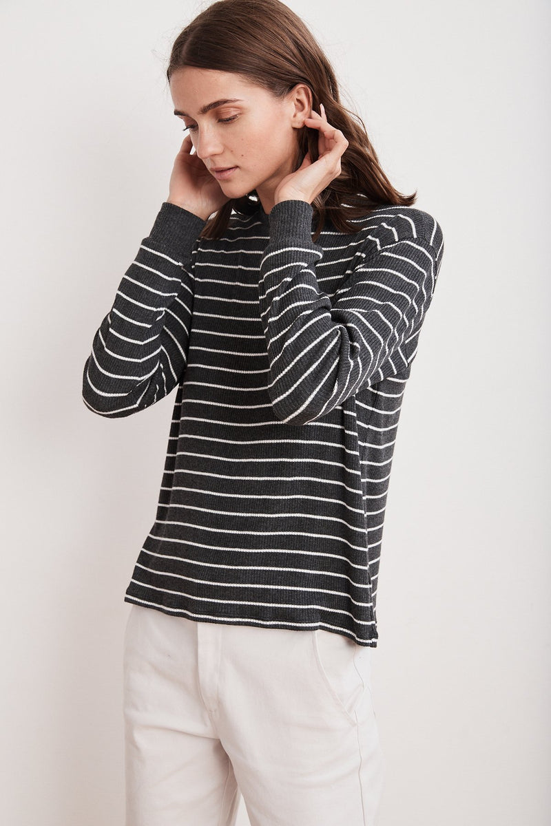 THETA RIBBED STRIPE CREW NECK TOP