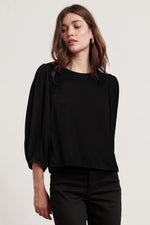 BRENDA SILK VELVET  3/4 PUFF SLEEVE TOP