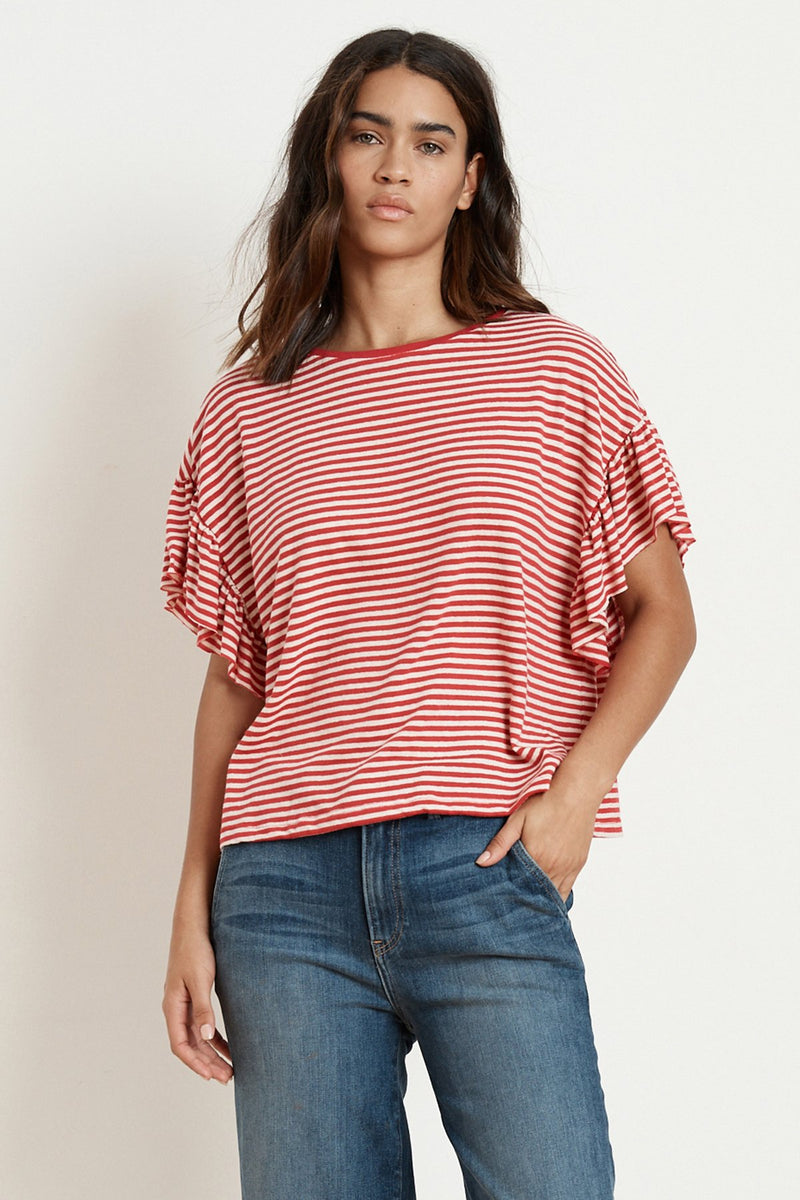 ADALINE STRIPE LINEN KNIT RUFFLE SLEEVE TEE