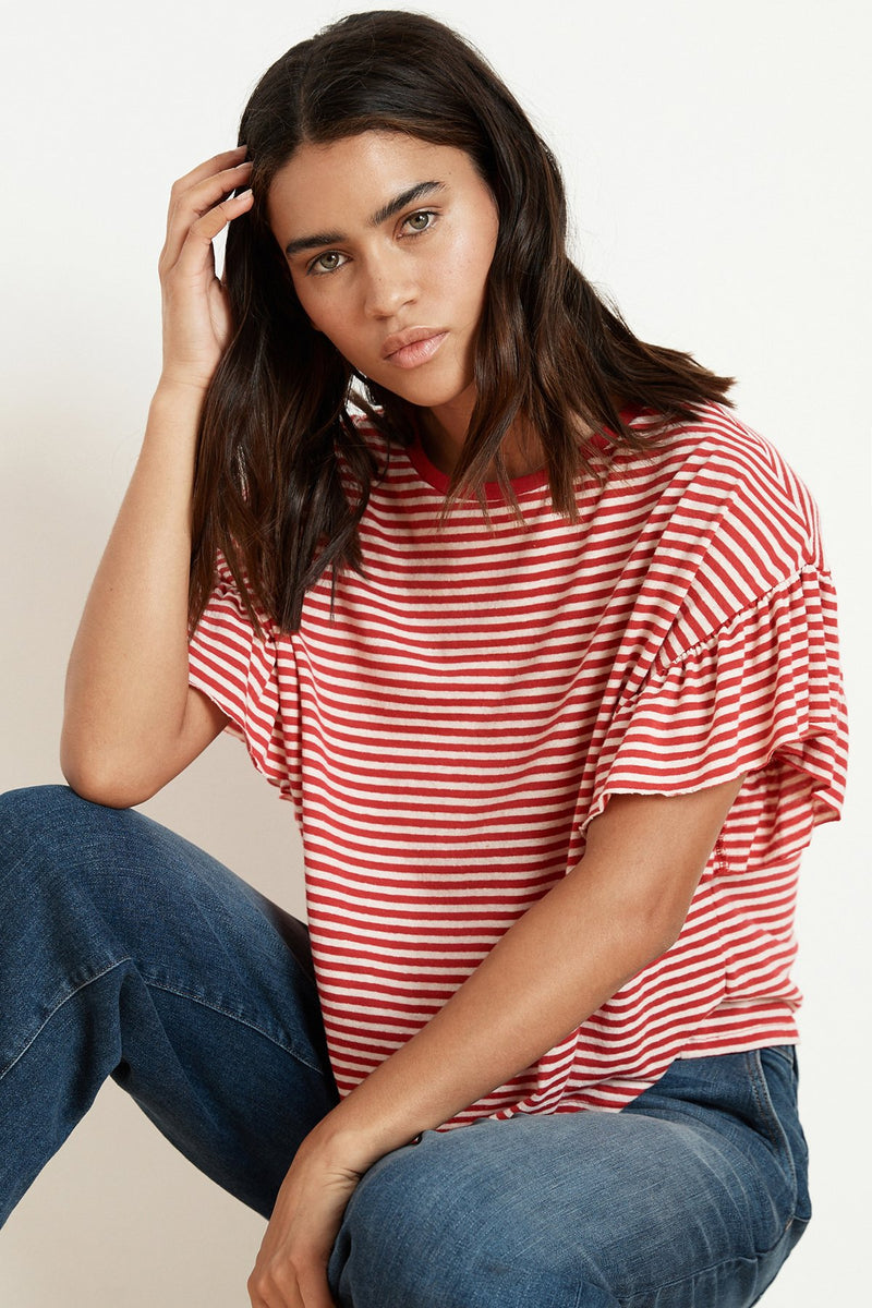 ADALINE STRIPE LINEN KNIT RUFFLE SLEEVE TEE