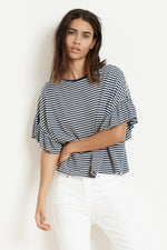 ADALINE STRIPE LINEN KNIT RUFFLE SLEEVE TEE