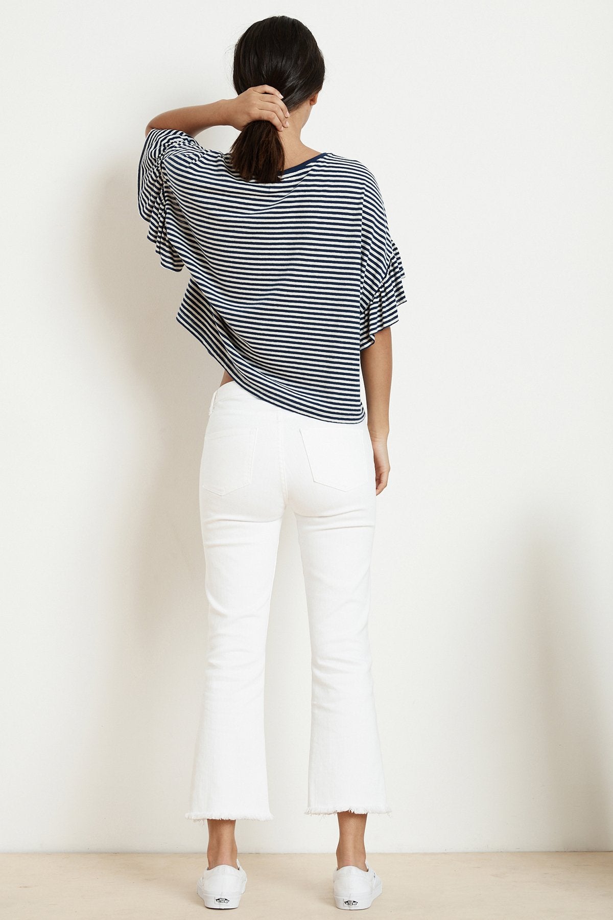 ADALINE STRIPE LINEN KNIT RUFFLE SLEEVE TEE