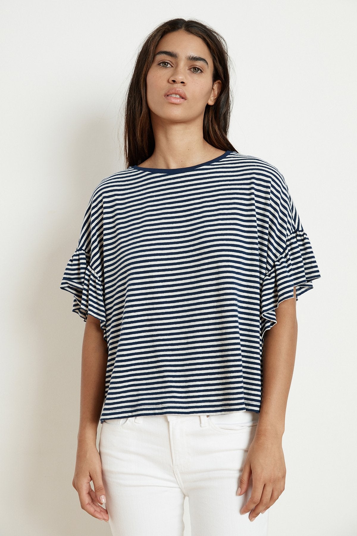 ADALINE STRIPE LINEN KNIT RUFFLE SLEEVE TEE