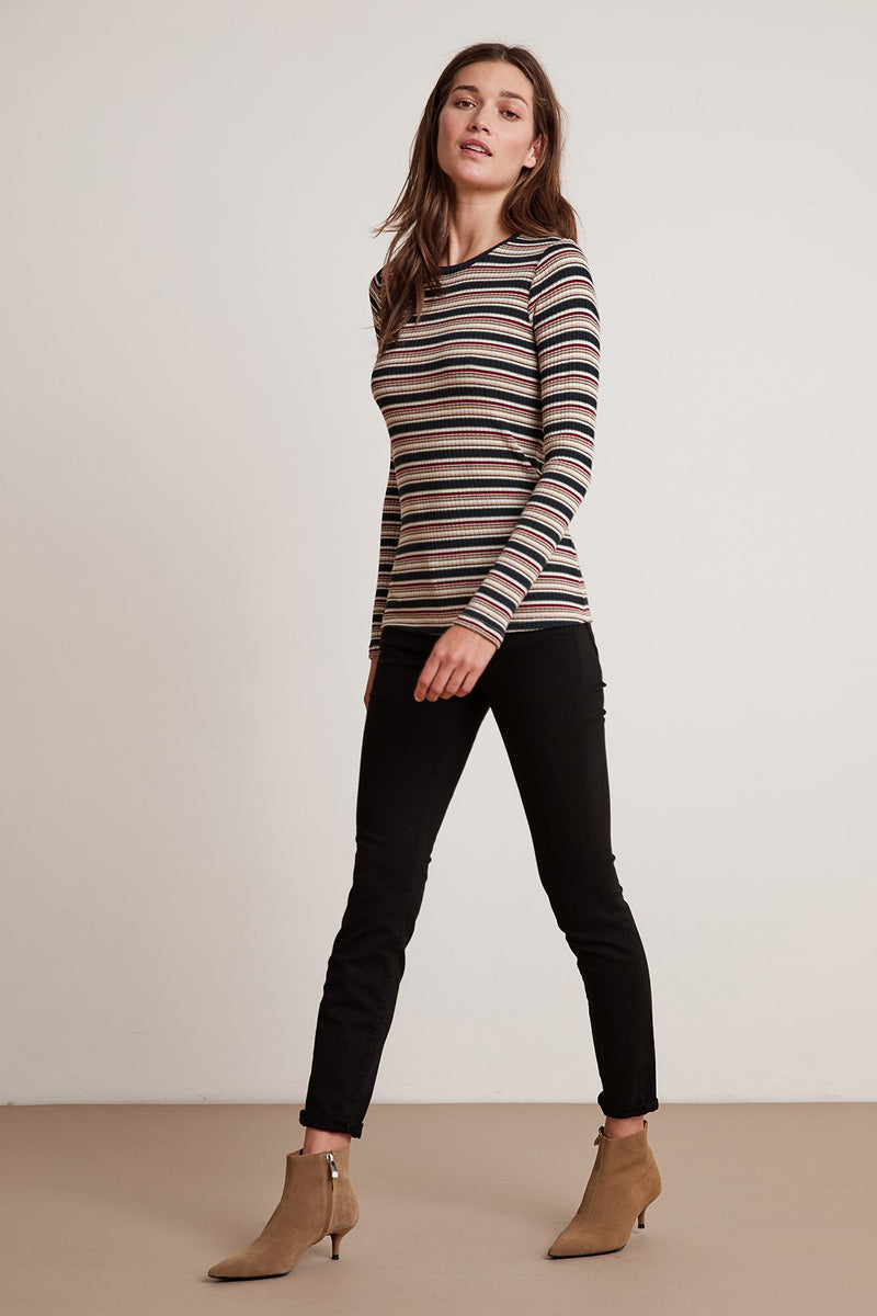 KIA STRIPE RIBBED LONG SLEEVE CREW NECK TEE