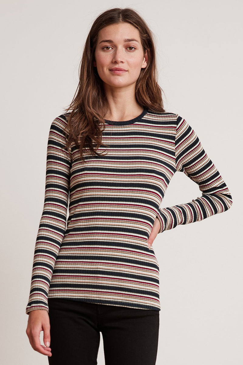 KIA STRIPE RIBBED LONG SLEEVE CREW NECK TEE