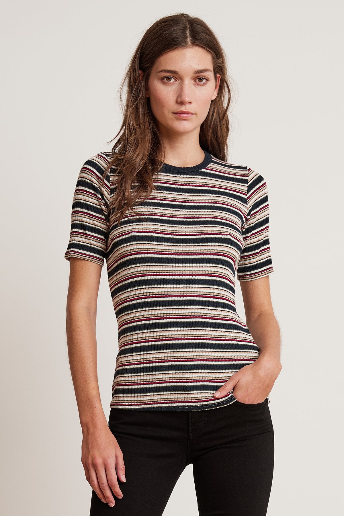 SHELLY STRIPE RIBBED CREW NECK SHORT SLEEVE TEE