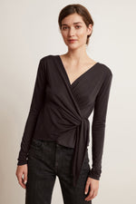 JANESSA TENCEL LONG SLEEVE FAUX WRAP TOP