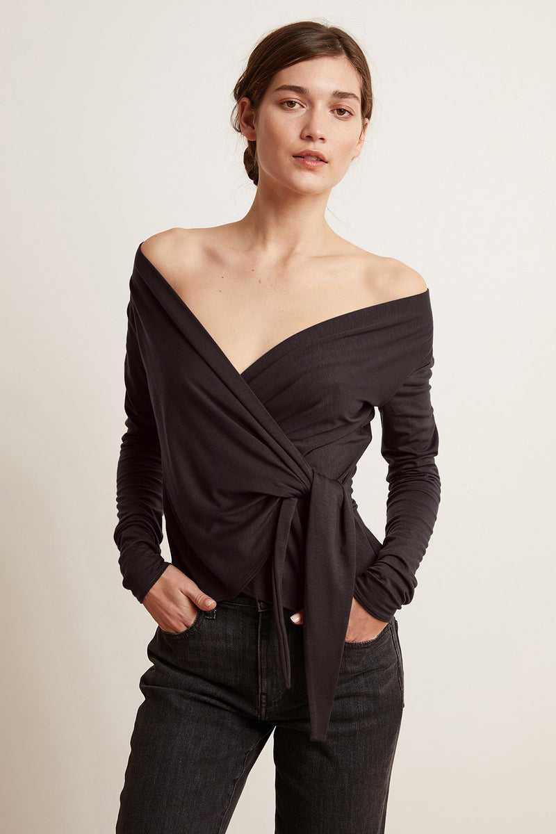 JANESSA TENCEL LONG SLEEVE FAUX WRAP TOP