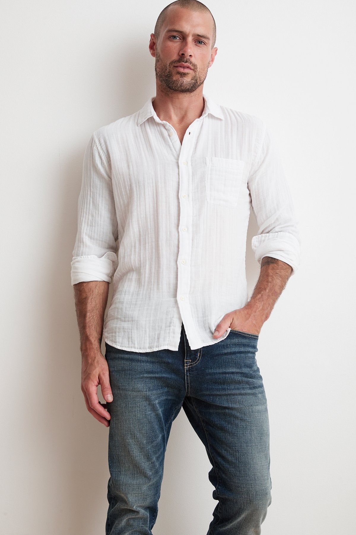 ELTON COTTON WOVEN BUTTON-UP SHIRT