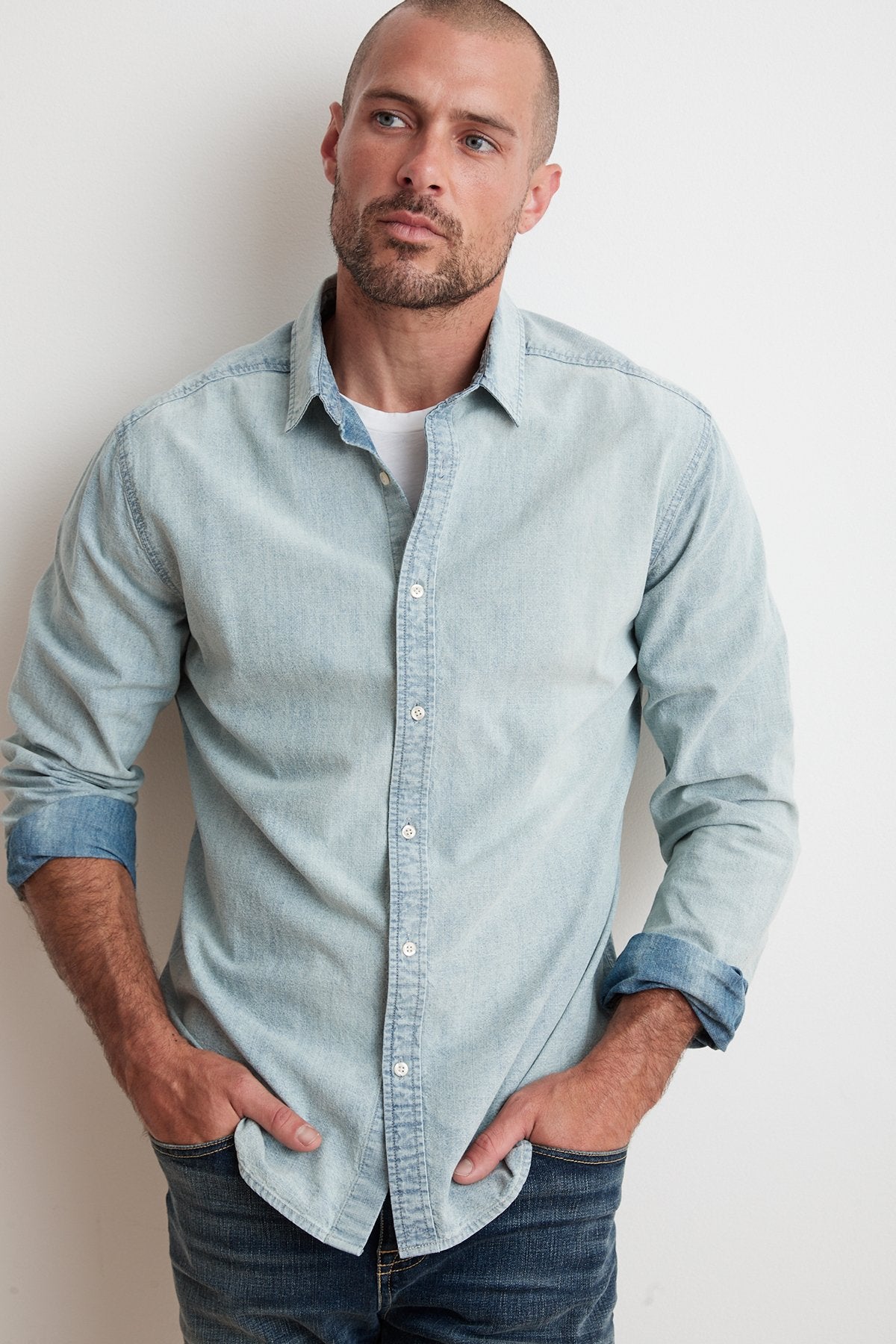 PHOENIX COTTON CHAMBRAY BUTTON UP SHIRT