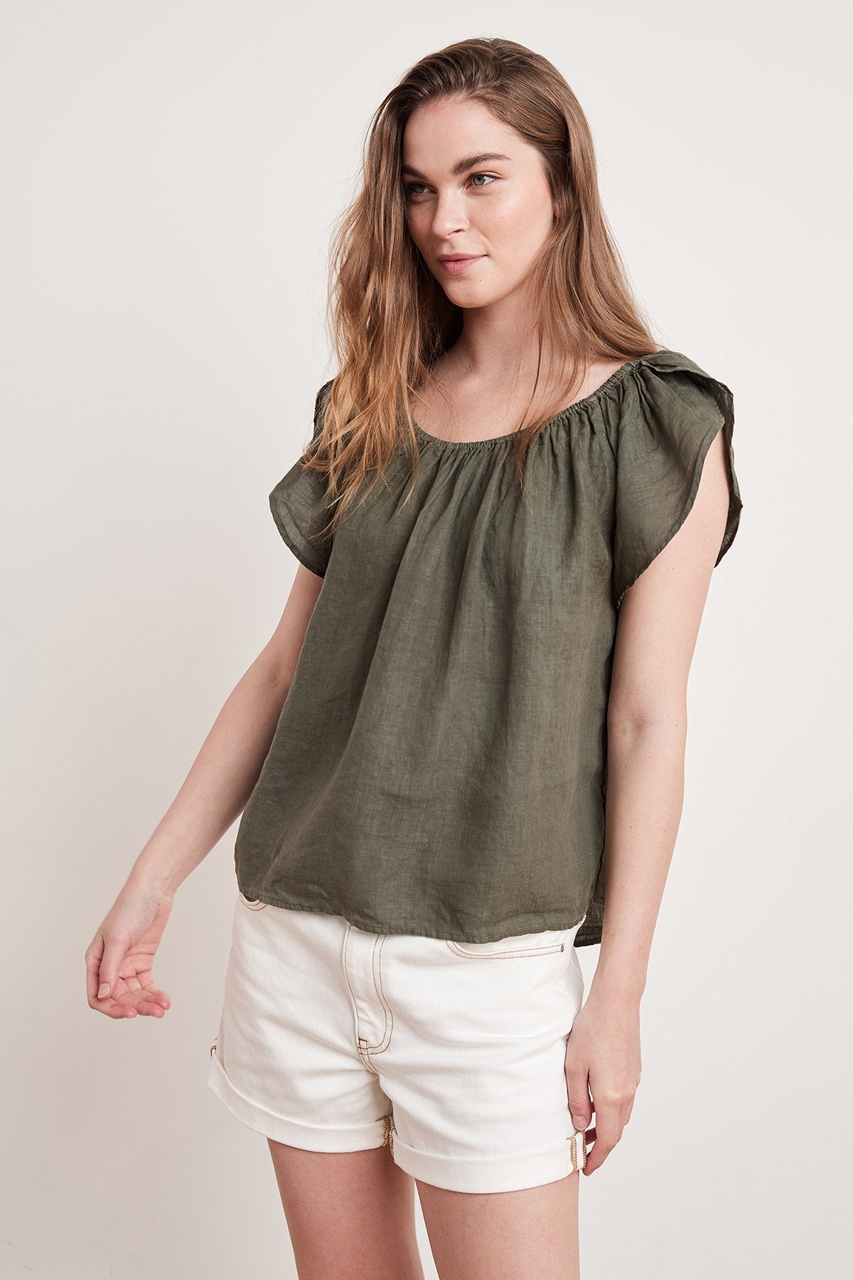 CEILA LINEN FLUTTER SLEEVE BLOUSE