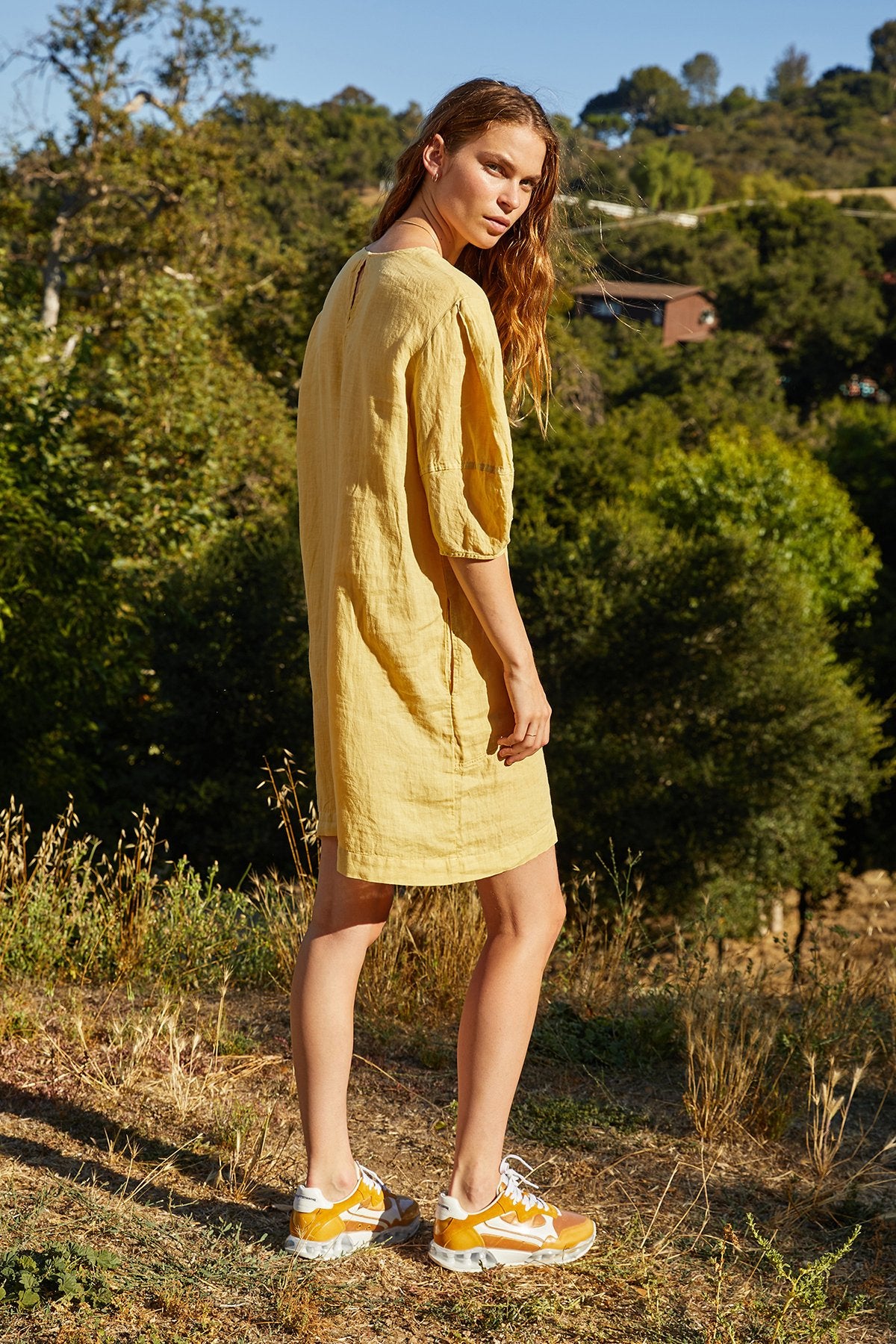 DEVON WOVEN LINEN PUFF SLEEVE DRESS