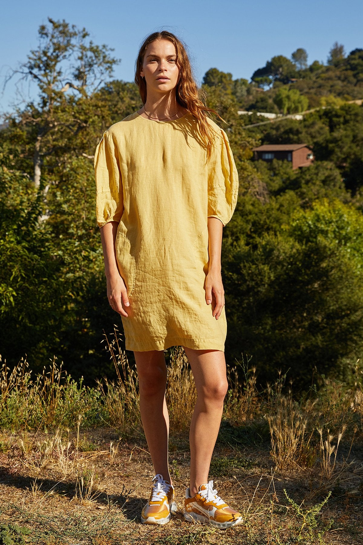 DEVON WOVEN LINEN PUFF SLEEVE DRESS