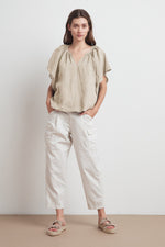 KALILA WOVEN LINEN RUFFLE SLEEVE TOP