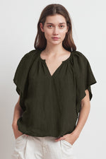 KALILA WOVEN LINEN RUFFLE SLEEVE TOP