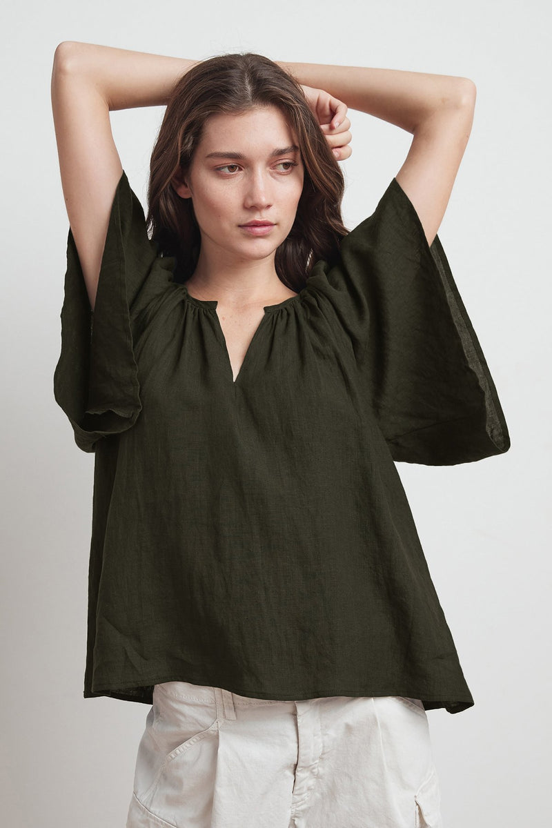 KALILA WOVEN LINEN RUFFLE SLEEVE TOP