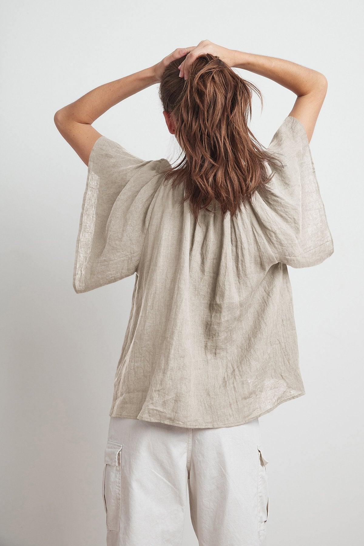 KALILA WOVEN LINEN RUFFLE SLEEVE TOP