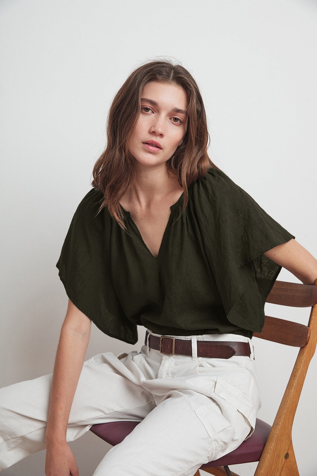 KALILA WOVEN LINEN RUFFLE SLEEVE TOP