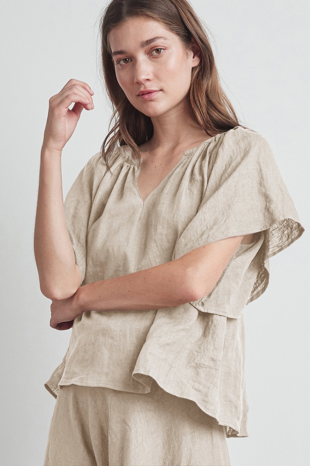 KALILA WOVEN LINEN RUFFLE SLEEVE TOP