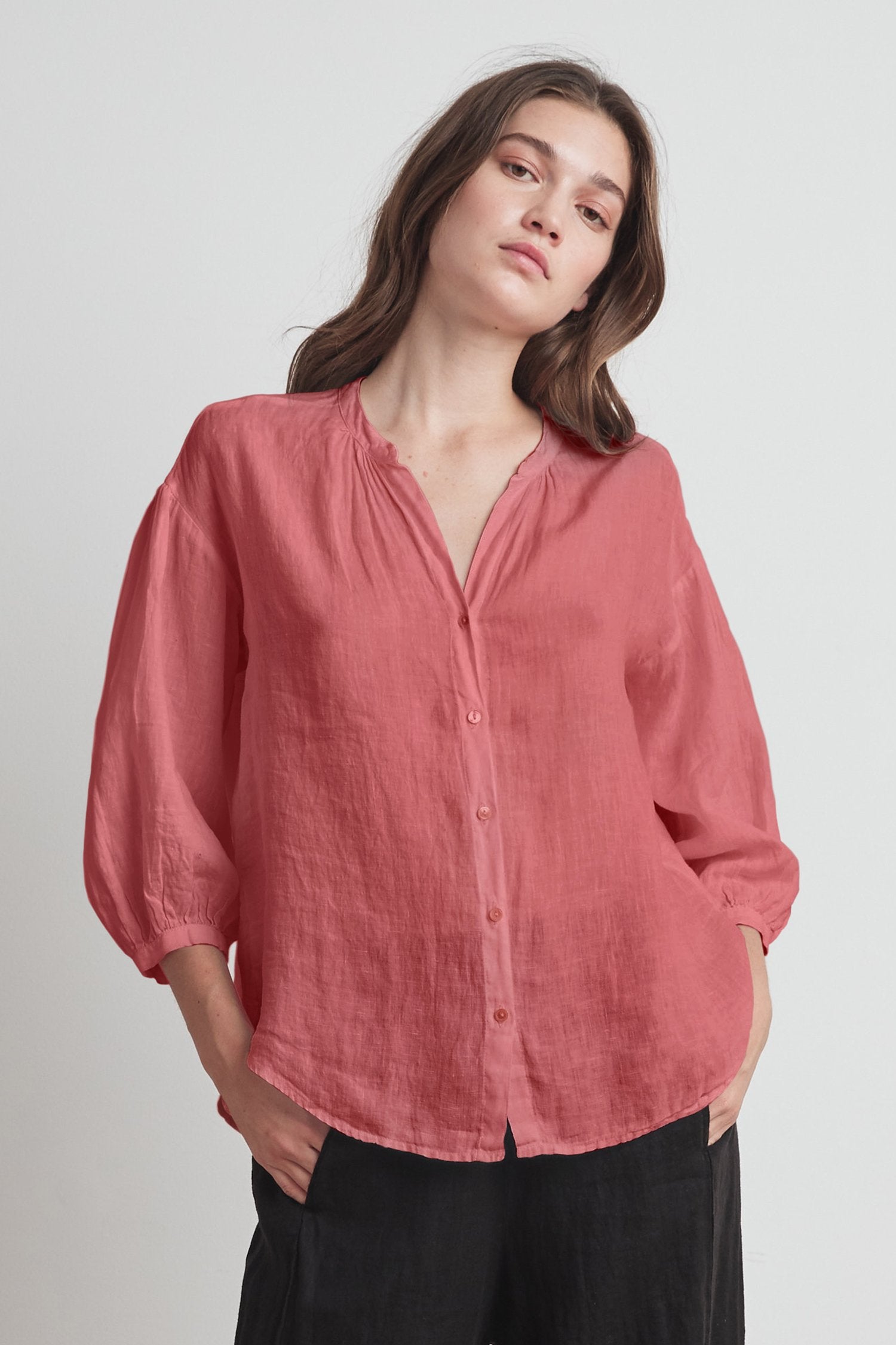 MATEA WOVEN LINEN BUTTON UP BLOUSE