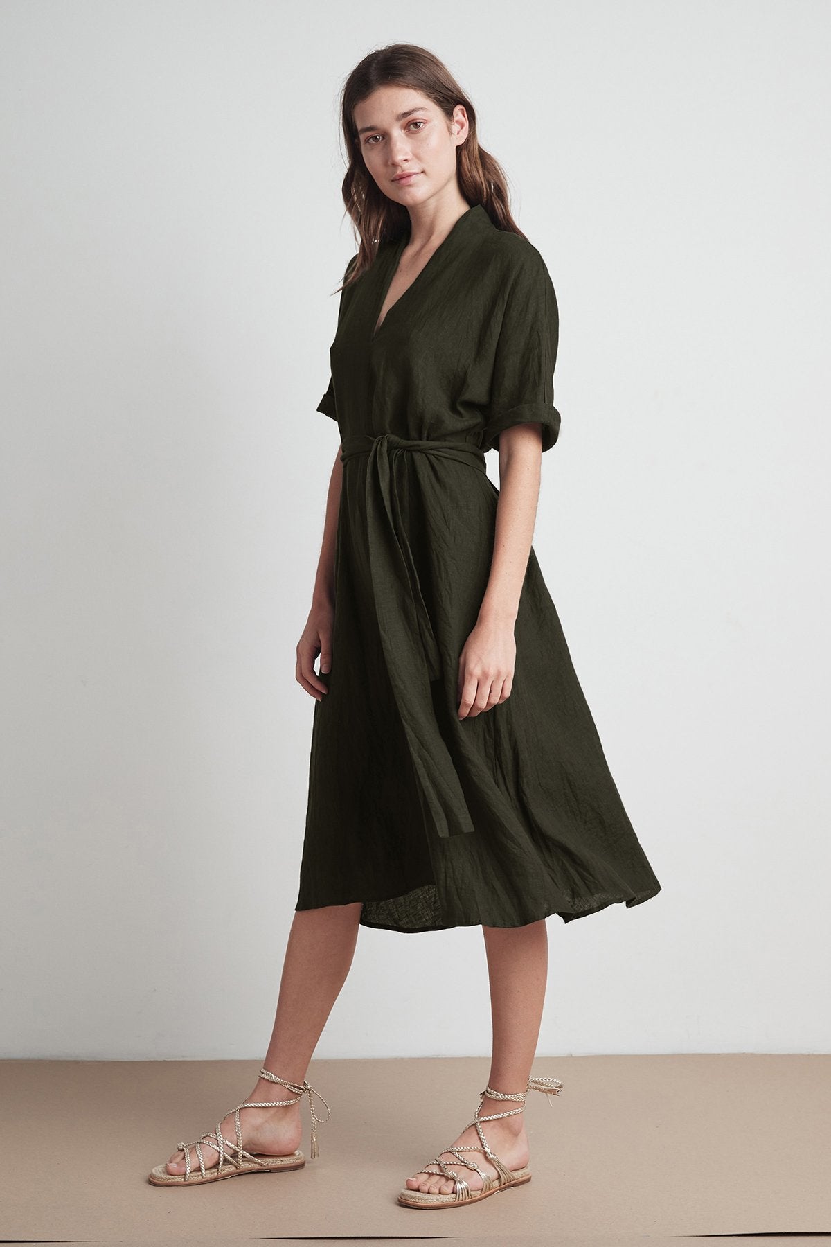 WINLEY WOVEN LINEN SHORT SLEEVE BELTED DRESS